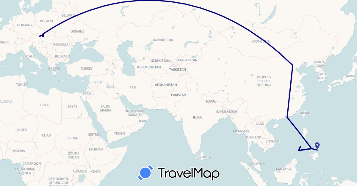 TravelMap itinerary: driving in Austria, China, Philippines, Slovakia (Asia, Europe)